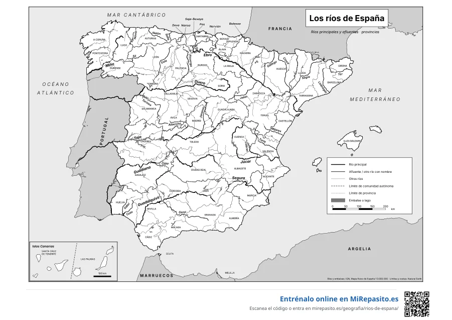 Mapa de los ríos de España: con nombres · blanco y negro
