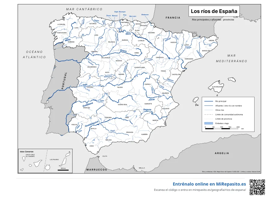 Mapa de los ríos de España: con nombres · color