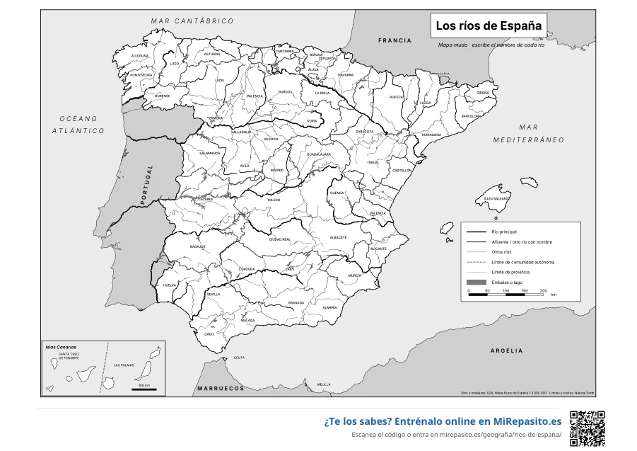 Mapa de los ríos de España: mudo · blanco y negro