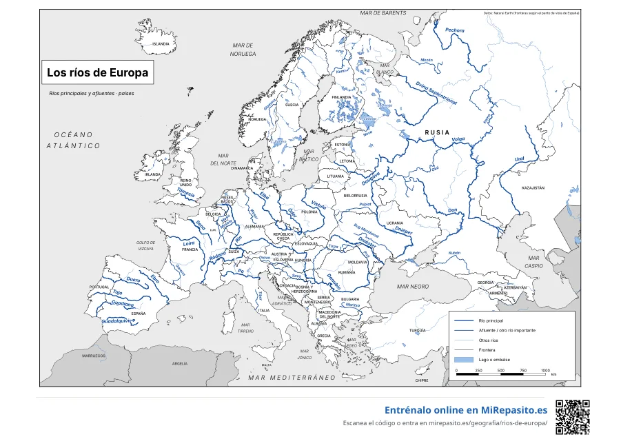 Mapa de los ríos de Europa: con nombres