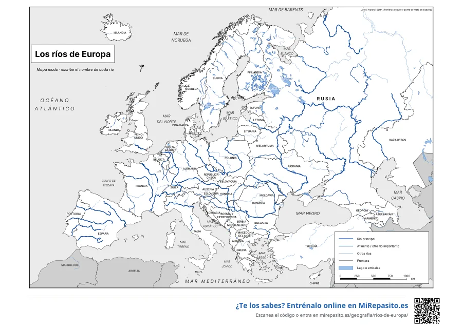 Mapa mudo de los ríos de Europa