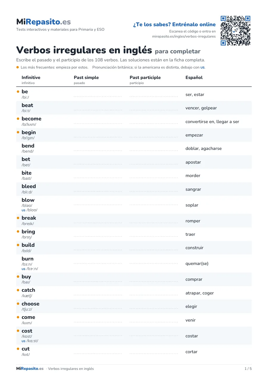 Verbos irregulares en inglés: para completar: escribe el pasado y el participio